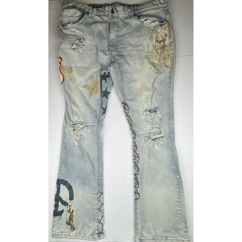 Grindhouse Denim Jeans 44 Light Wash Distressed Streetwear Graphic Star Peace - Picture 2 of 13